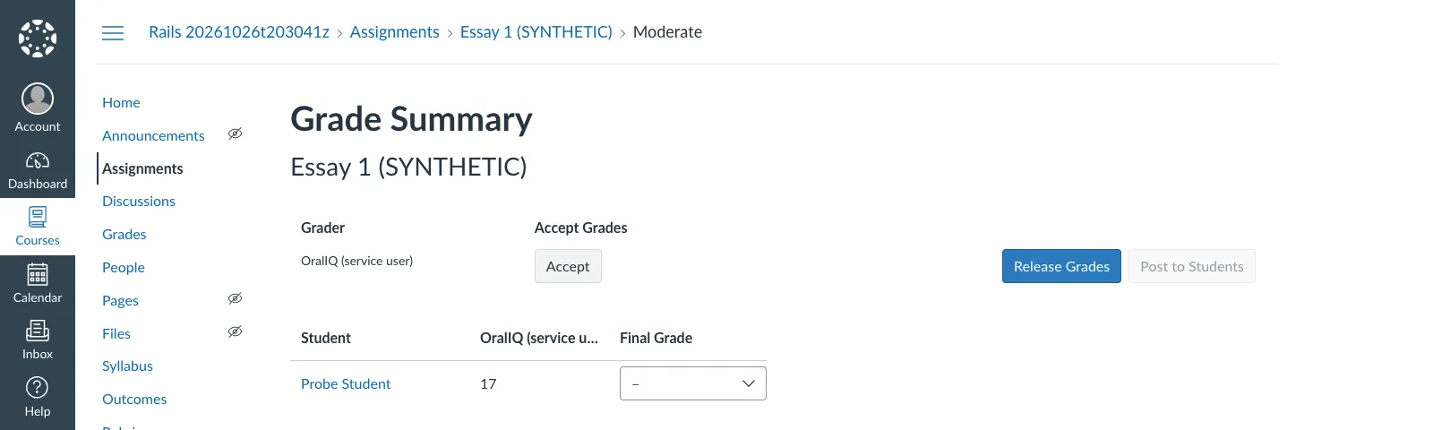 The Canvas moderation page for the same assignment: one grader, OralIQ, with a provisional score of 17; the final grade column is empty; the Release Grades and Post to Students buttons at the right