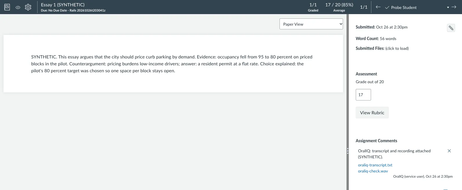 SpeedGrader after the instructor selected, published and posted: the grade field reads 17, the header shows 17 out of 20, 85 percent, and the transcript and recording are still on the submission